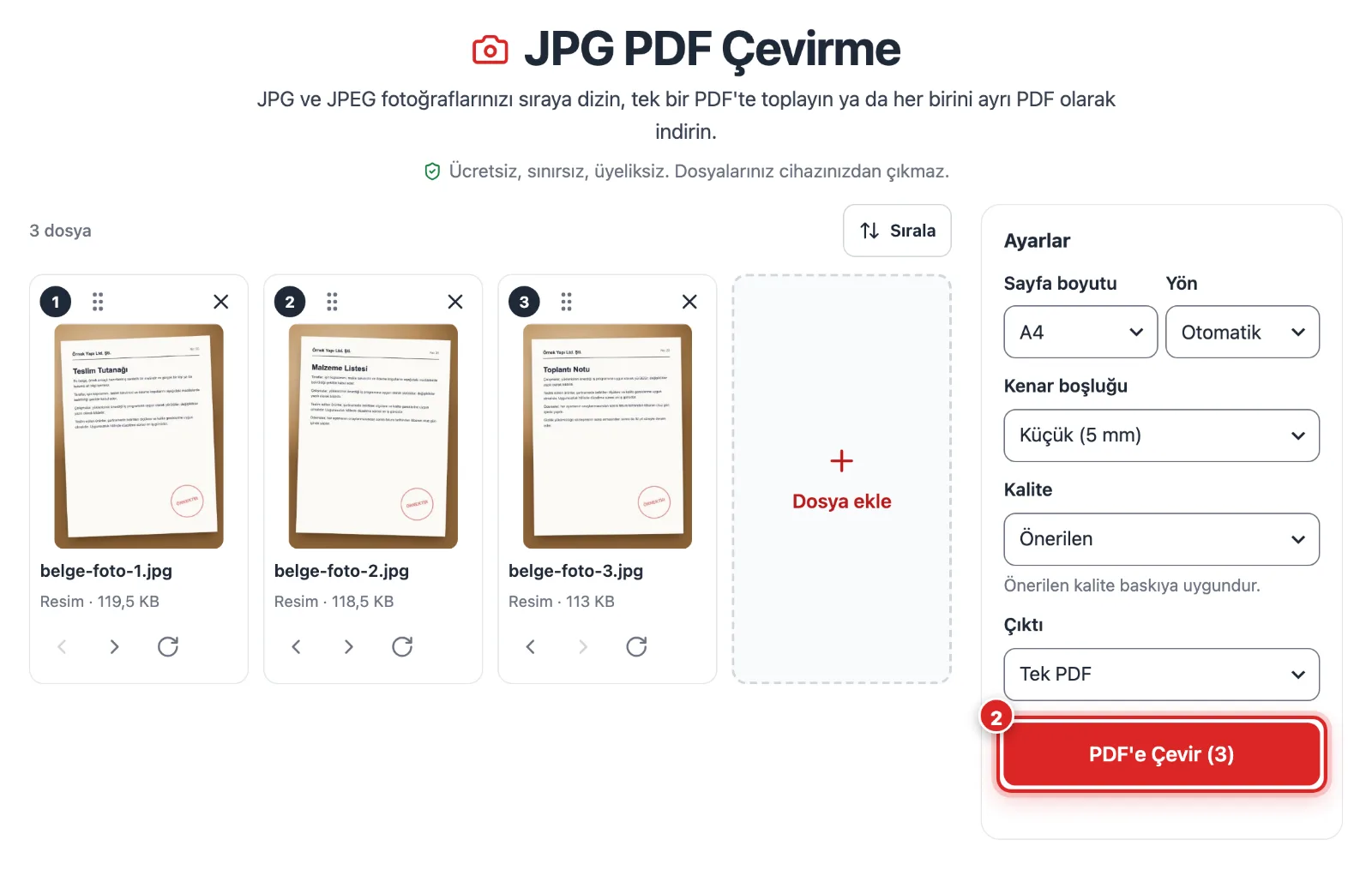 JPG PDF Çevirme aracında üç fotoğraf kart olarak sıralanmış, sağda sayfa boyutu ayarları