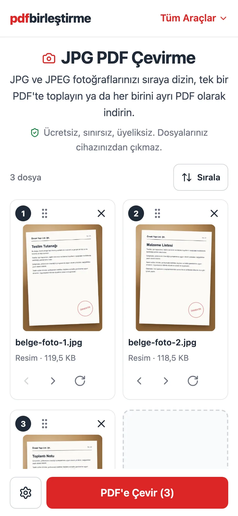 Telefon ekranında JPG PDF Çevirme aracına eklenmiş üç belge fotoğrafı ve ayarlar
