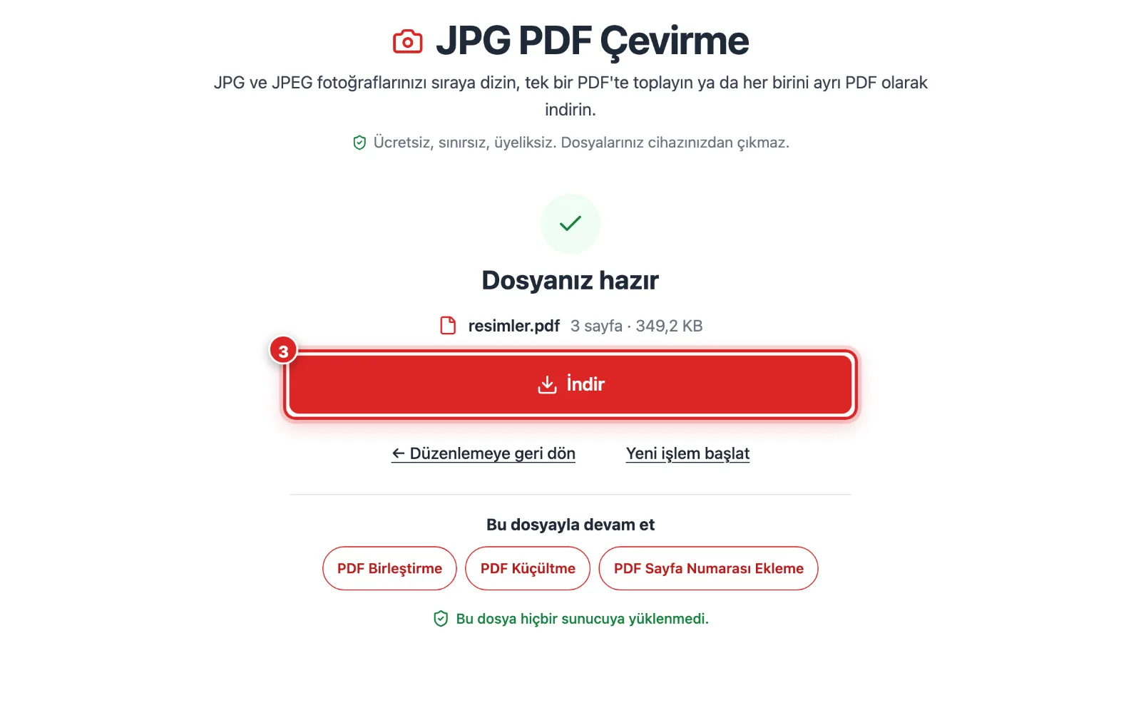 JPG PDF Çevirme sonuç ekranında oluşan tek PDF ve İndir butonu