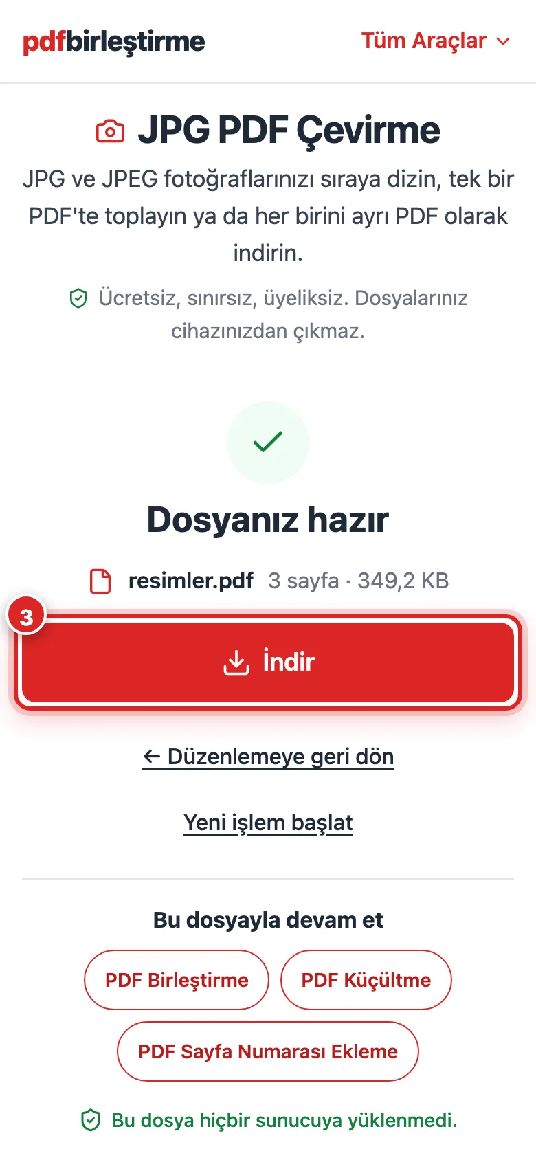Telefonda JPG'den PDF'e çevirme sonucu, İndir butonu ve devam önerileri görünüyor
