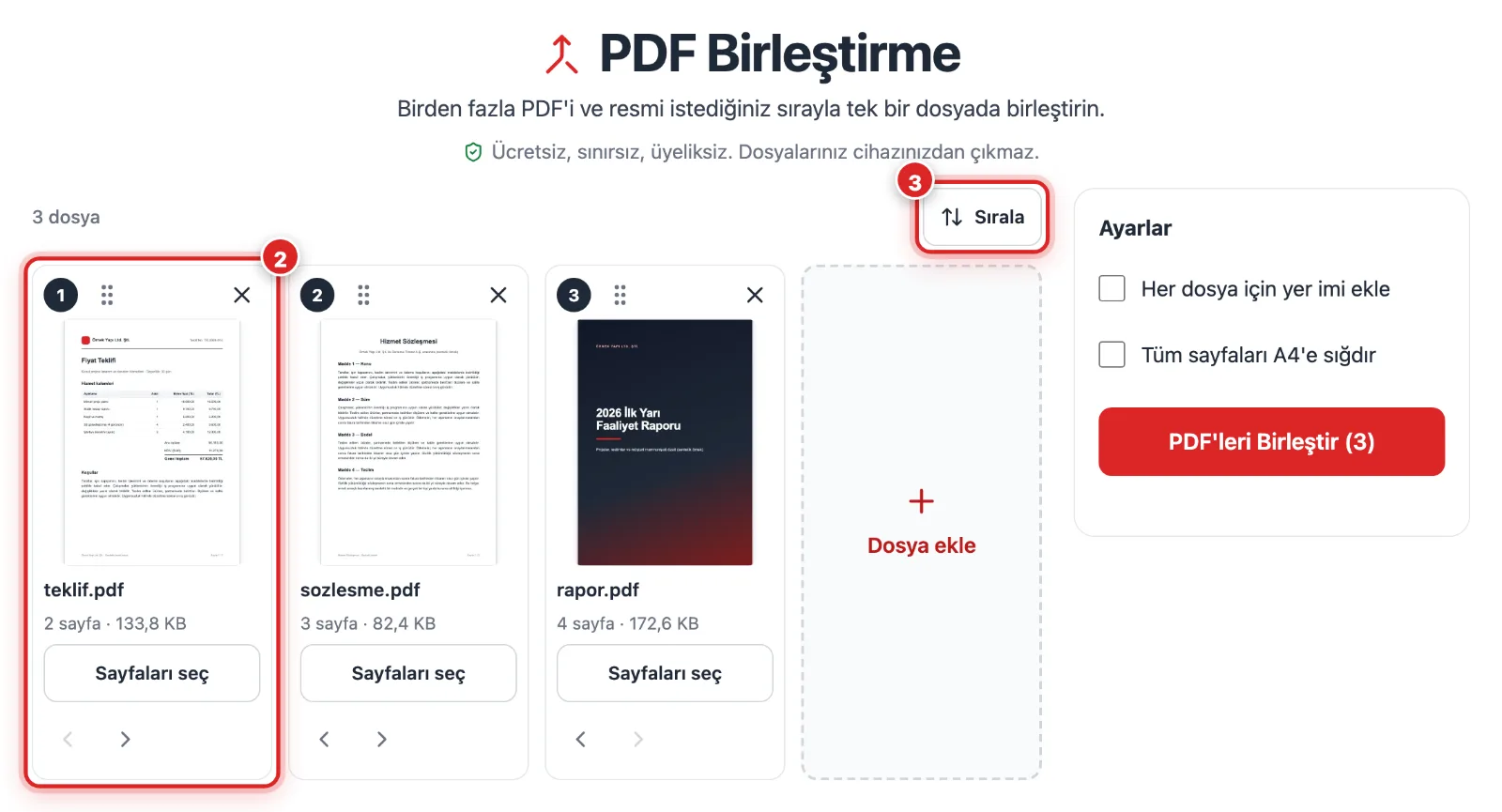 Yazdırılacak üç PDF'in kart olarak sıralandığı toplama ekranı, masaüstü görünümü