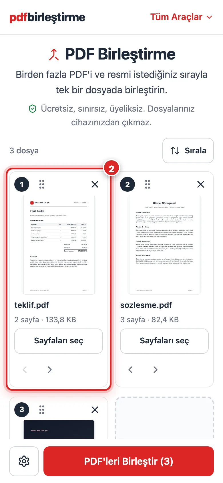 Telefonda birleştirme aracına eklenen üç PDF'in kart olarak sıralandığı ekran