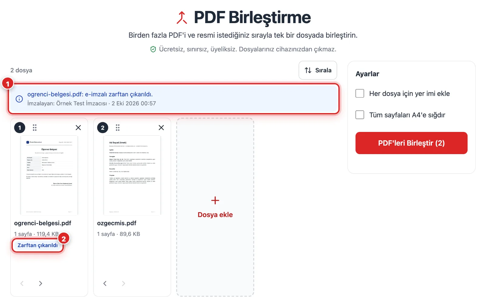 PDF birleştirme ızgarasının üstünde e-imzalı zarftan çıkarıldı bildirimi