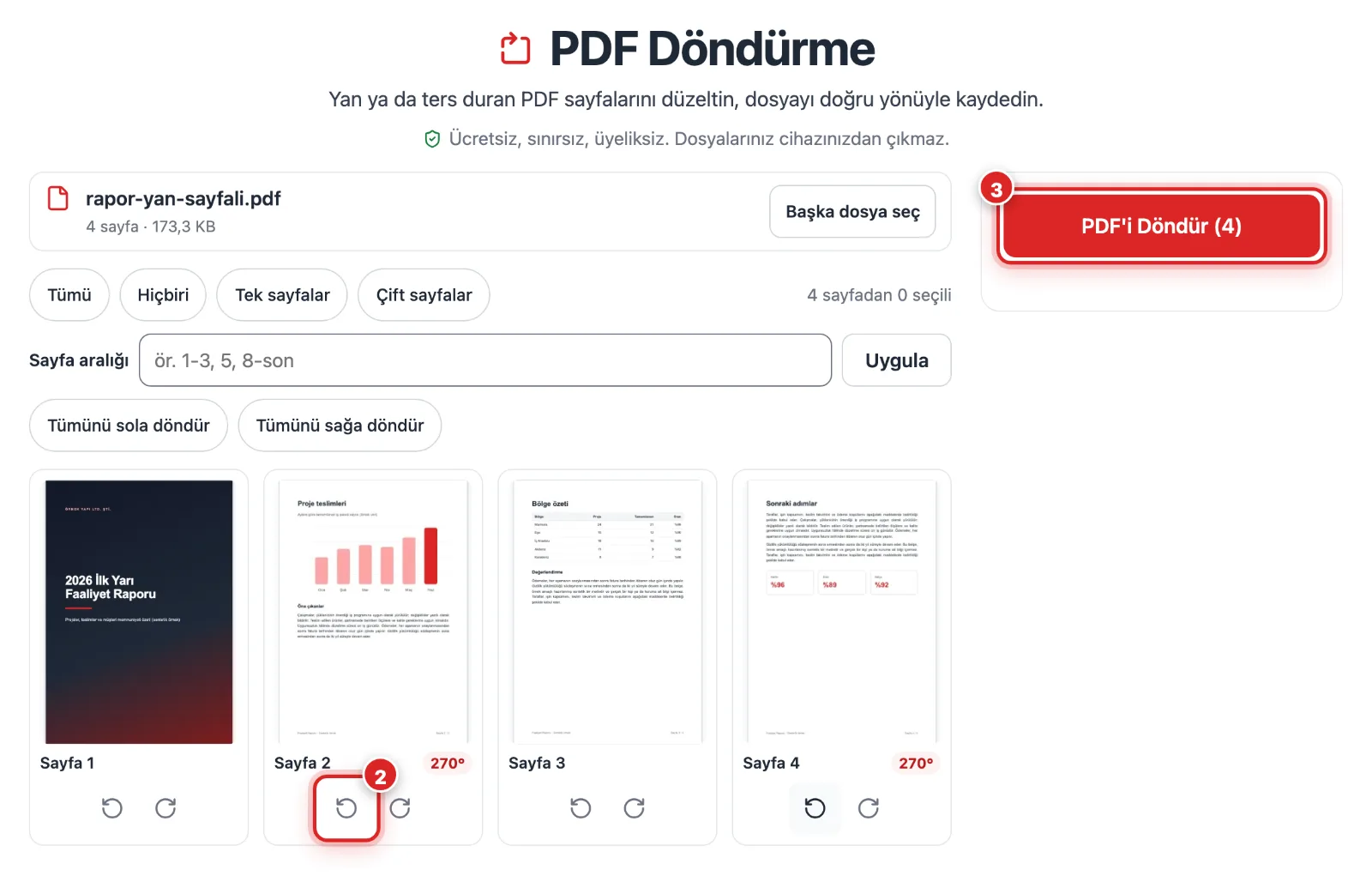 Masaüstünde PDF döndürme aracında yan duran sayfaların döndürme düğmeleriyle düzeltilmesi