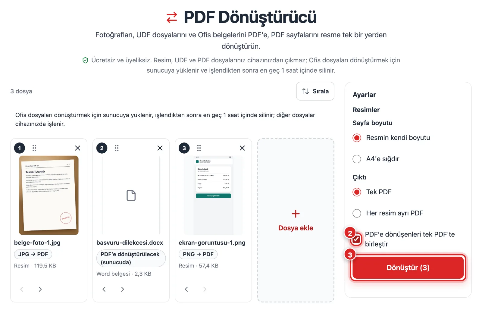 PDF Dönüştürücü'de fotoğraf, Word belgesi ve ekran görüntüsünün kart olarak eklendiği masaüstü ekranı