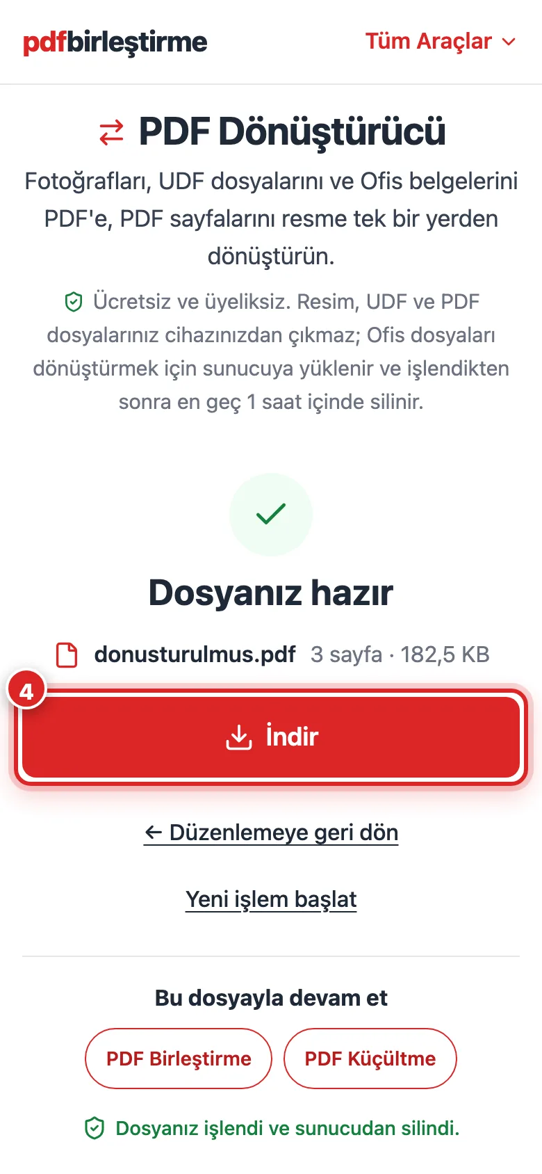 Telefonda PDF Dönüştürücü sonuç ekranı: üç dosyadan oluşan tek PDF ve İndir butonu