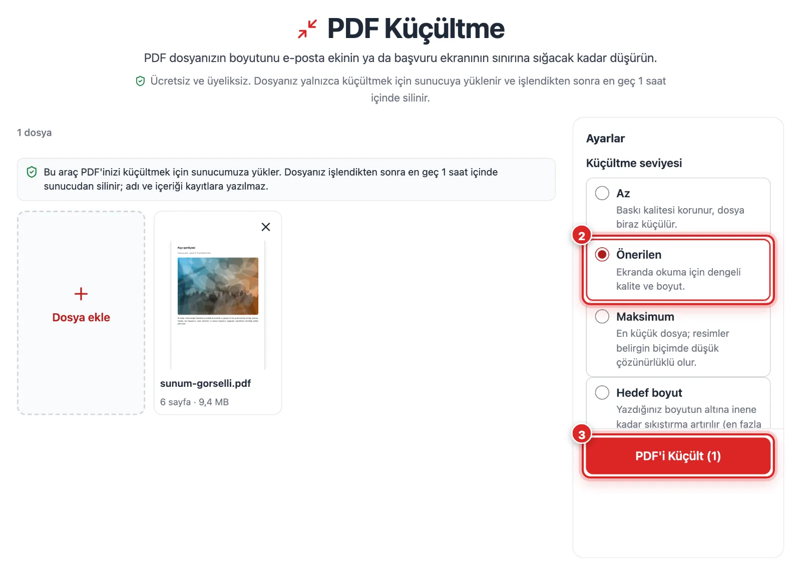 Masaüstünde PDF küçültme ayarları: Az, Önerilen, Maksimum ve Hedef boyut seçenekleri