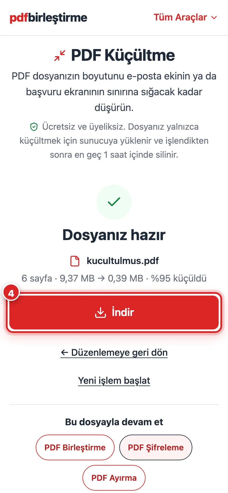 Telefonda PDF Küçültme sonuç ekranı, eski ve yeni boyut ile kazanç yüzdesi