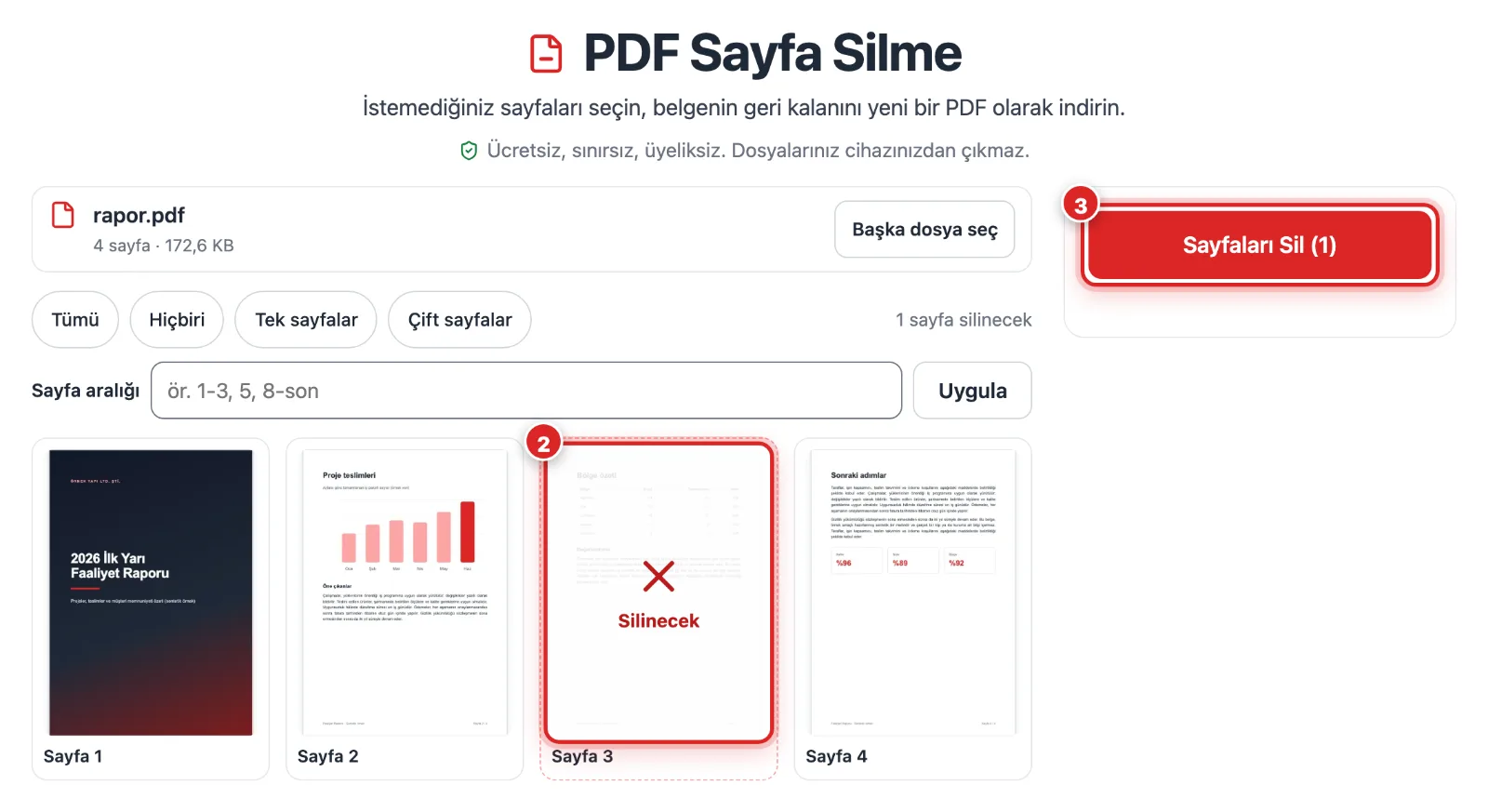 PDF Sayfa Silme aracında örnek raporun sayfaları ızgarada, 3. sayfa silinecek olarak işaretli
