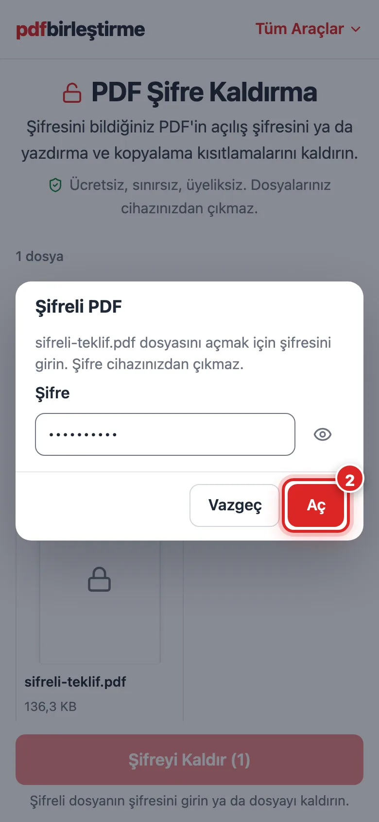Telefonda şifreli PDF için açılan şifre alanı ve Aç düğmesi