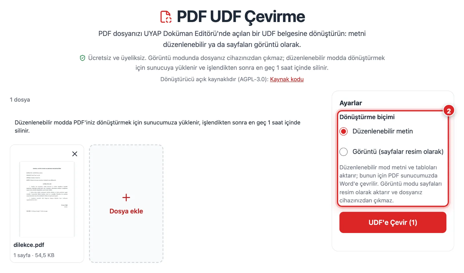 PDF UDF Çevirme aracında Düzenlenebilir ve Görüntü mod seçenekleri, masaüstü görünümü