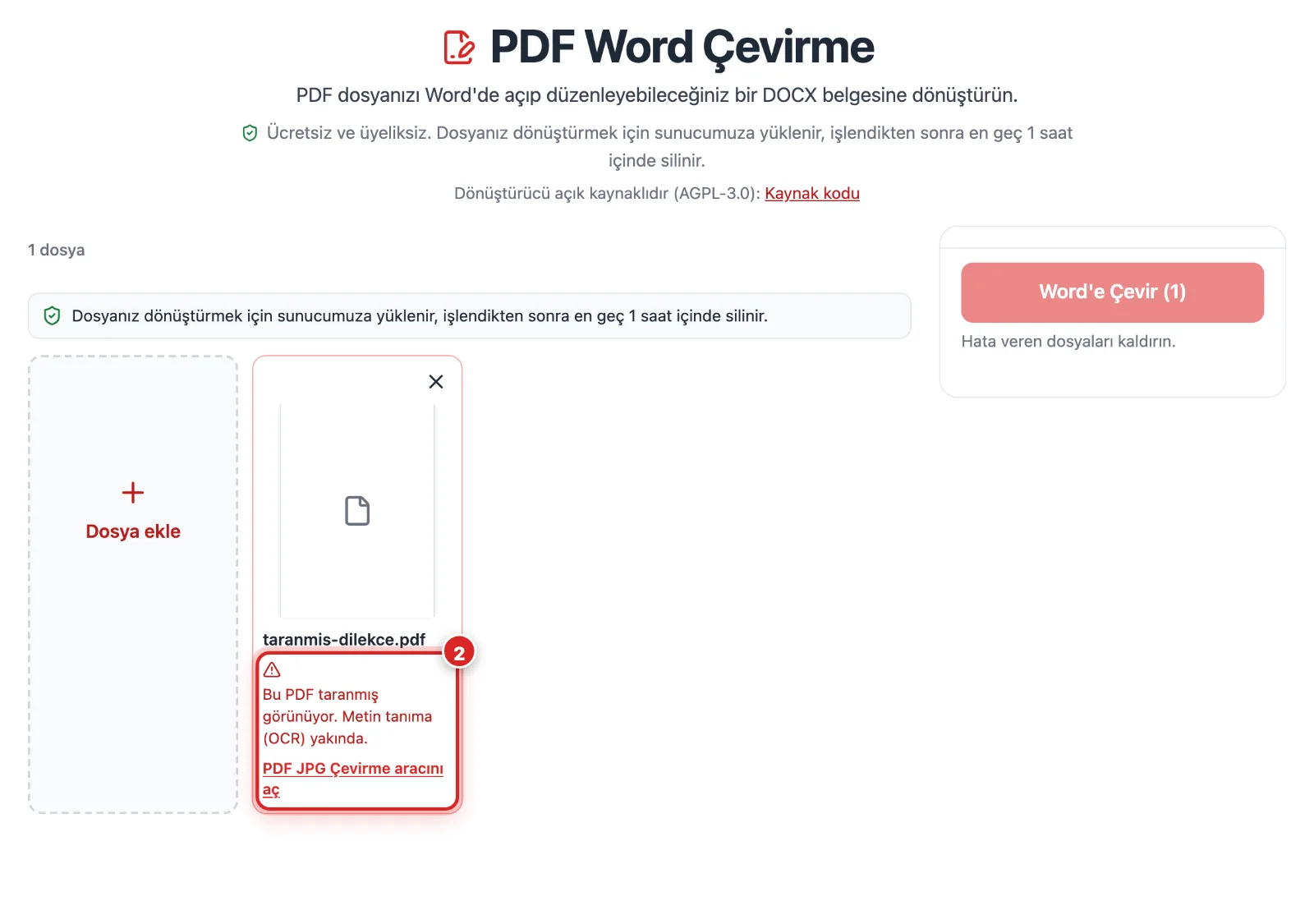 PDF Word Çevirme aracında taranmış PDF için dosya kartında gösterilen uyarı