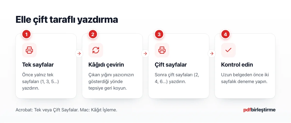 Çift taraflı elle yazdırmada önce tek, sonra çift sayfaların basılma sırasını gösteren şema