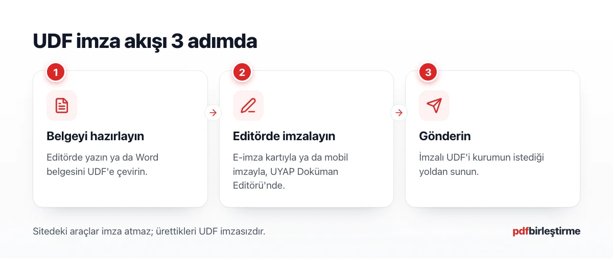 Belgeyi hazırlama, editörde imzalama ve gönderme adımlarını gösteren UDF imza akışı şeması