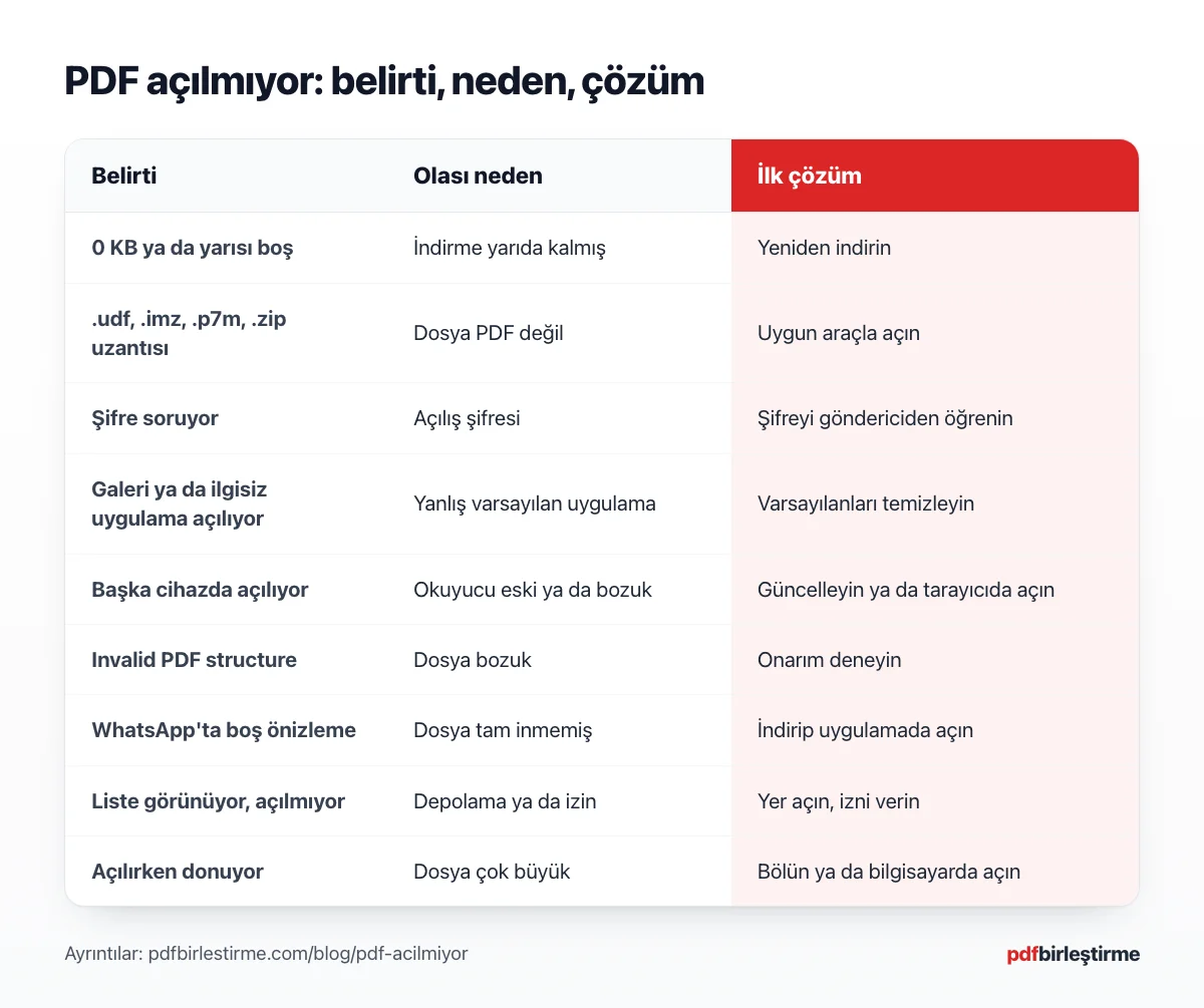 PDF açılmama belirtilerini olası neden ve ilk çözümle eşleştiren tablo şeması