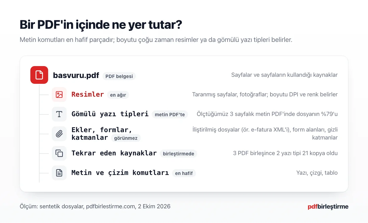 PDF dosyasının boyutunu oluşturan parçalar: resimler, yazı tipleri, ekler ve tekrar eden kaynaklar