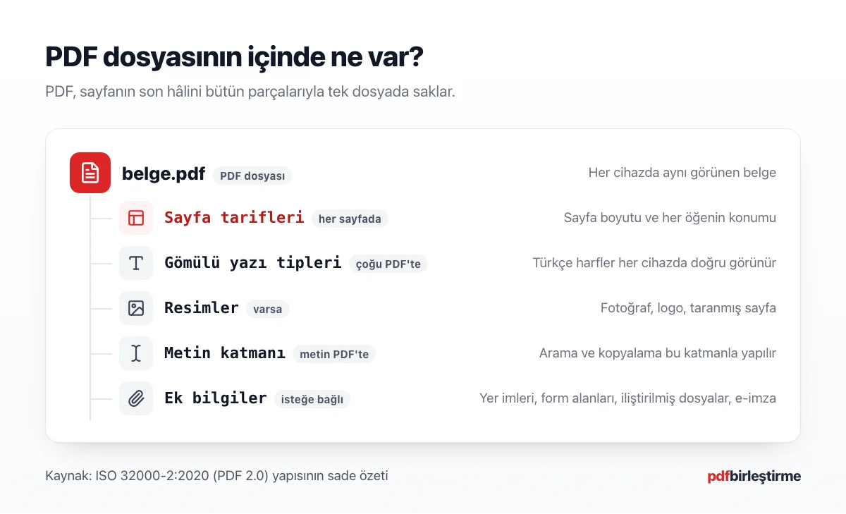 PDF dosyasının içindeki sayfa, gömülü yazı tipi, resim ve metin katmanlarını gösteren şema