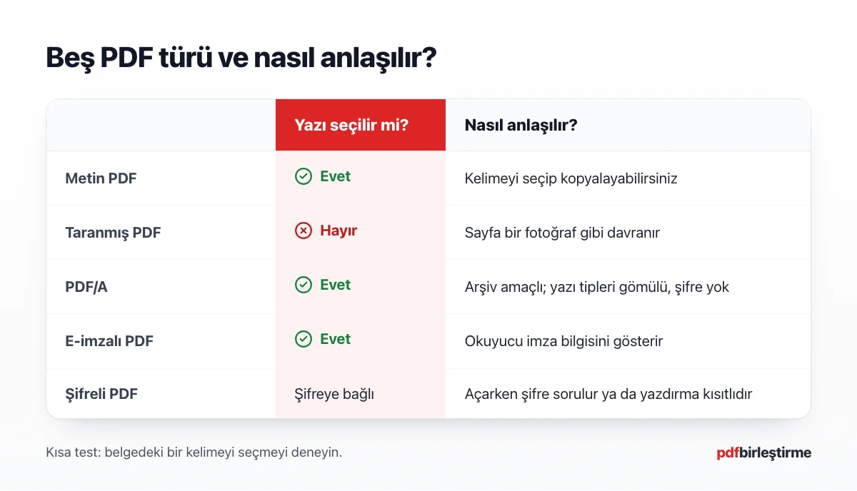 Metin, taranmış, PDF/A, e-imzalı ve şifreli PDF türlerini karşılaştıran şema