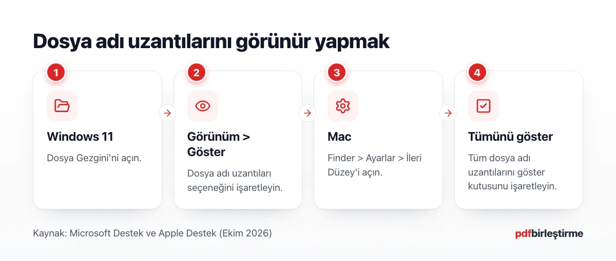 Windows 11 Dosya Gezgini ve Mac Finder'da dosya adı uzantılarını gösterme adımları