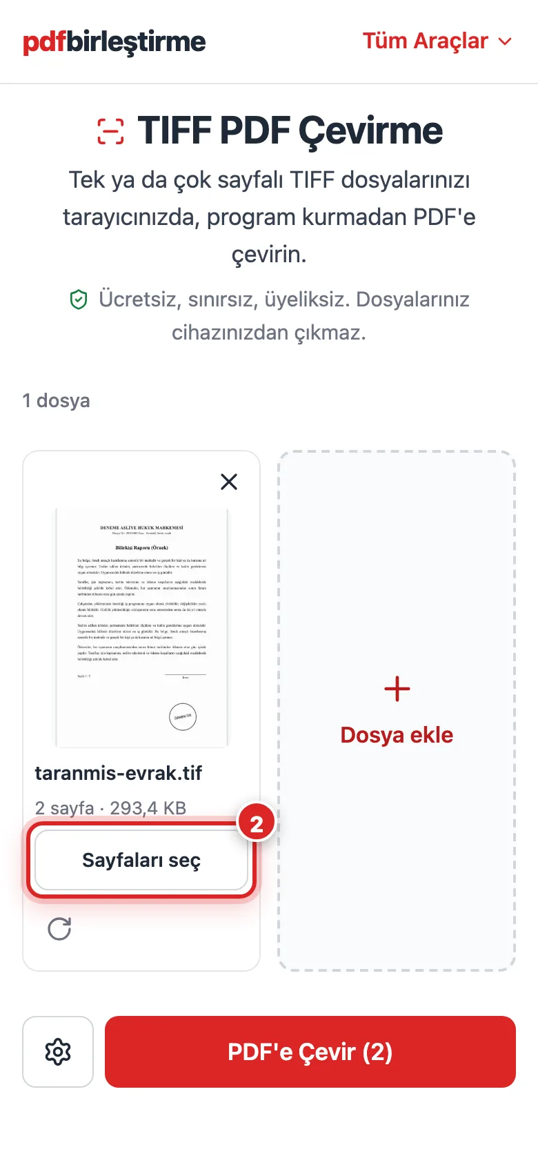 Telefonda TIFF PDF Çevirme aracına eklenen çok sayfalı UYAP TIFF evrakının kartı