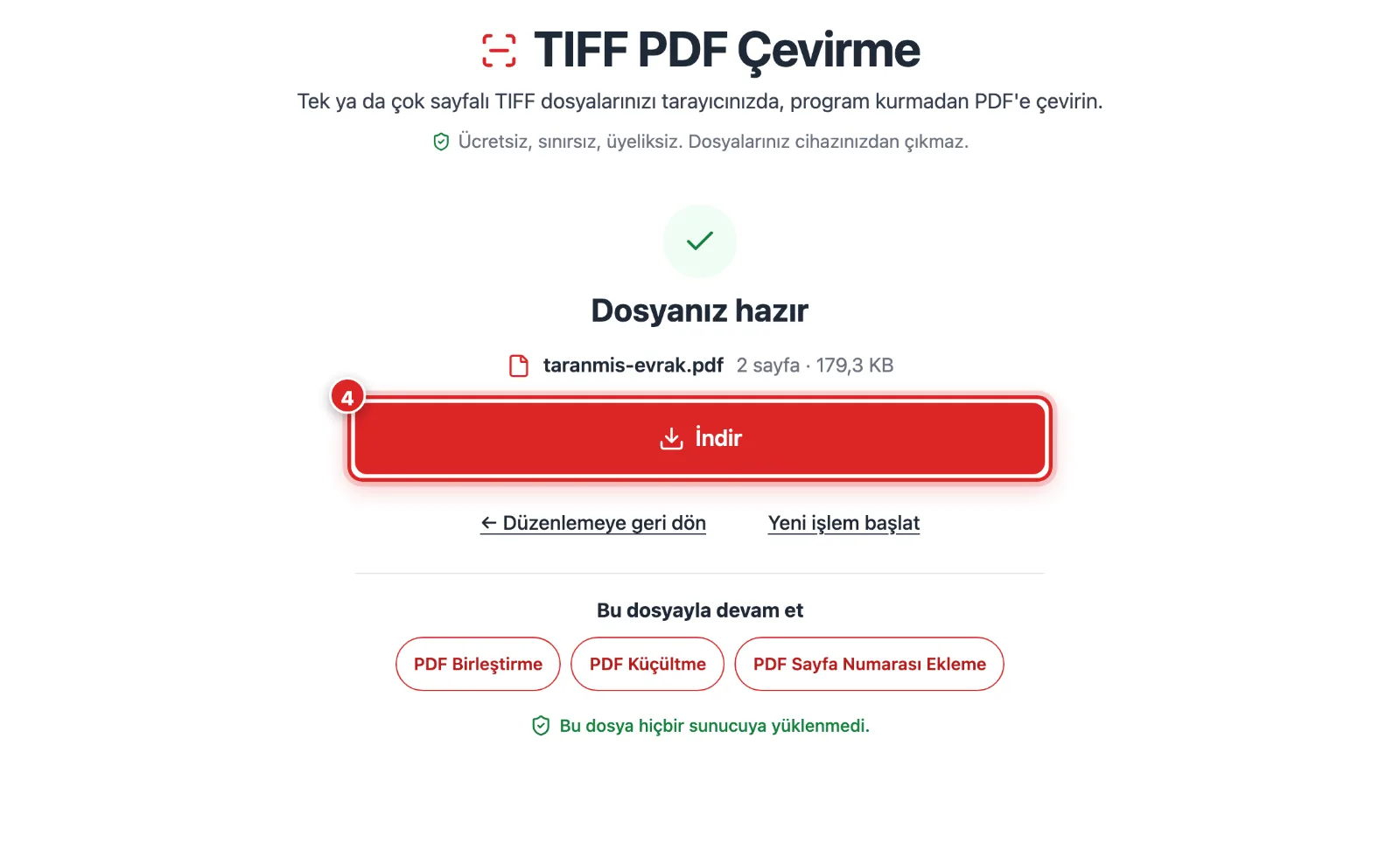 TIFF PDF Çevirme sonuç ekranında UYAP TIFF evraktan oluşan PDF ve İndir butonu