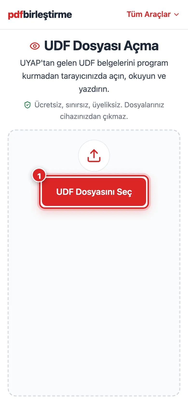 Telefon ekranında UDF Görüntüleyici'nin dosya seçme alanı ve UDF Dosyasını Seç butonu