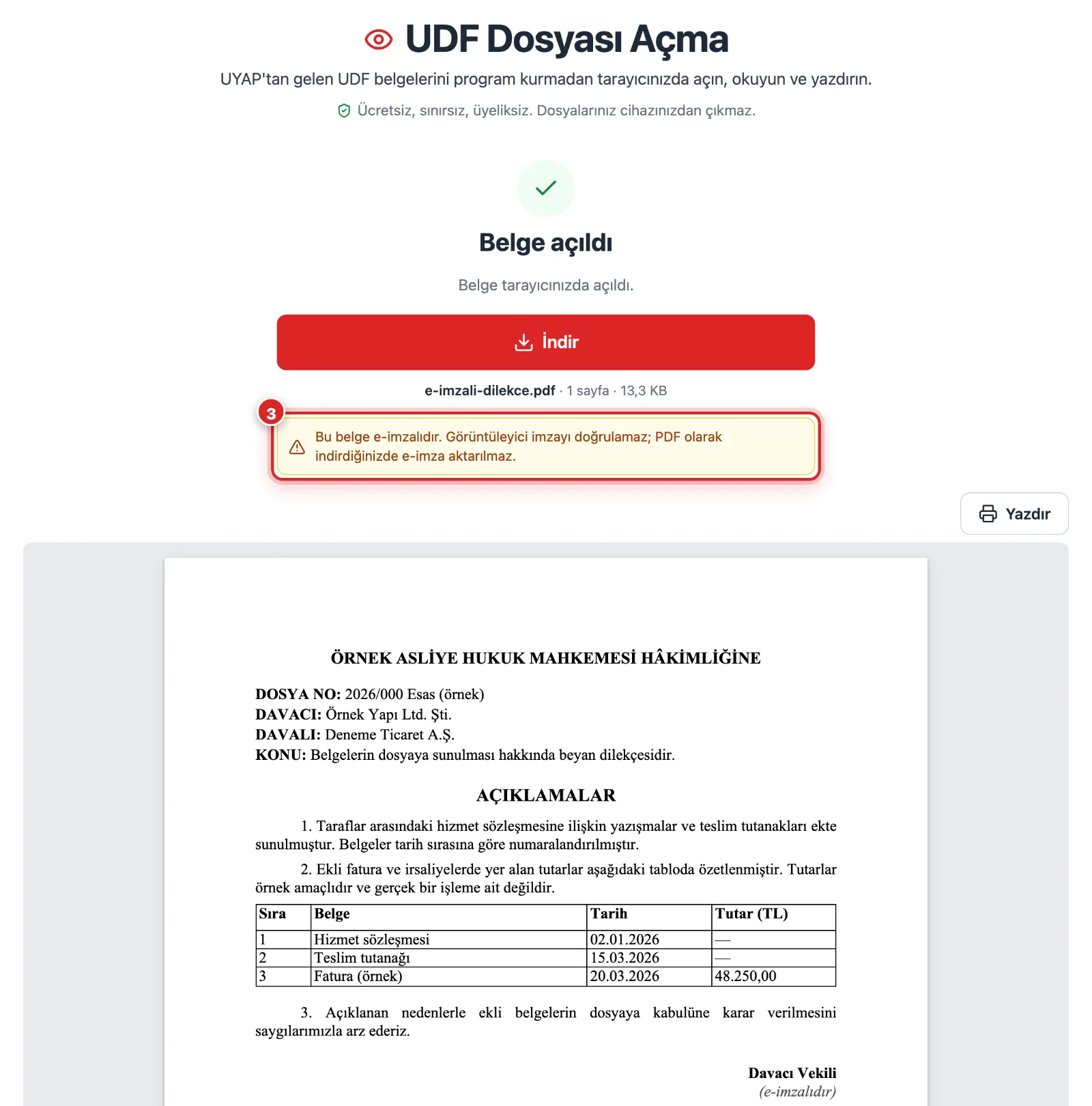 UDF Görüntüleyici'de açılan sentetik e-imzalı belge ve imza notu
