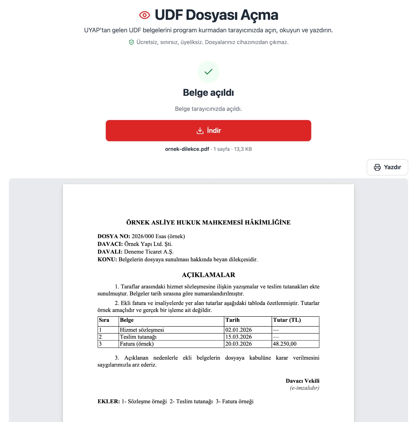 UDF Görüntüleyici'de açılmış örnek dilekçe, masaüstü tarayıcı görünümü
