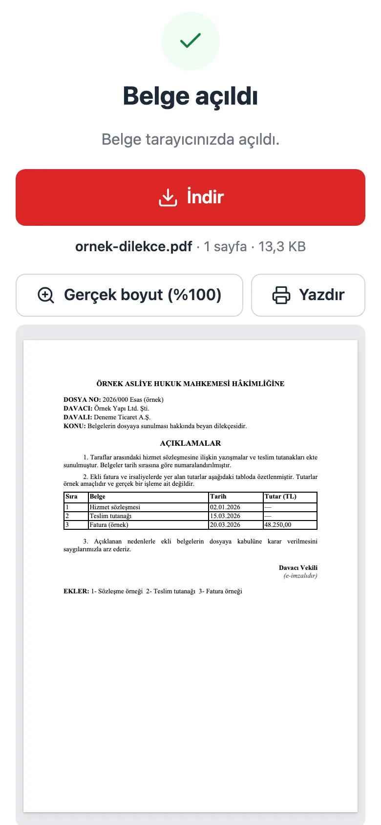 Telefonda UDF Görüntüleyici ile açılmış örnek dilekçenin ekran görüntüsü