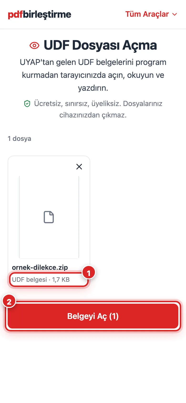 Telefonda UDF Görüntüleyici'ye eklenen ornek-dilekce.zip dosyası UDF belgesi olarak tanınmış, Belgeyi Aç düğmesi görünüyor