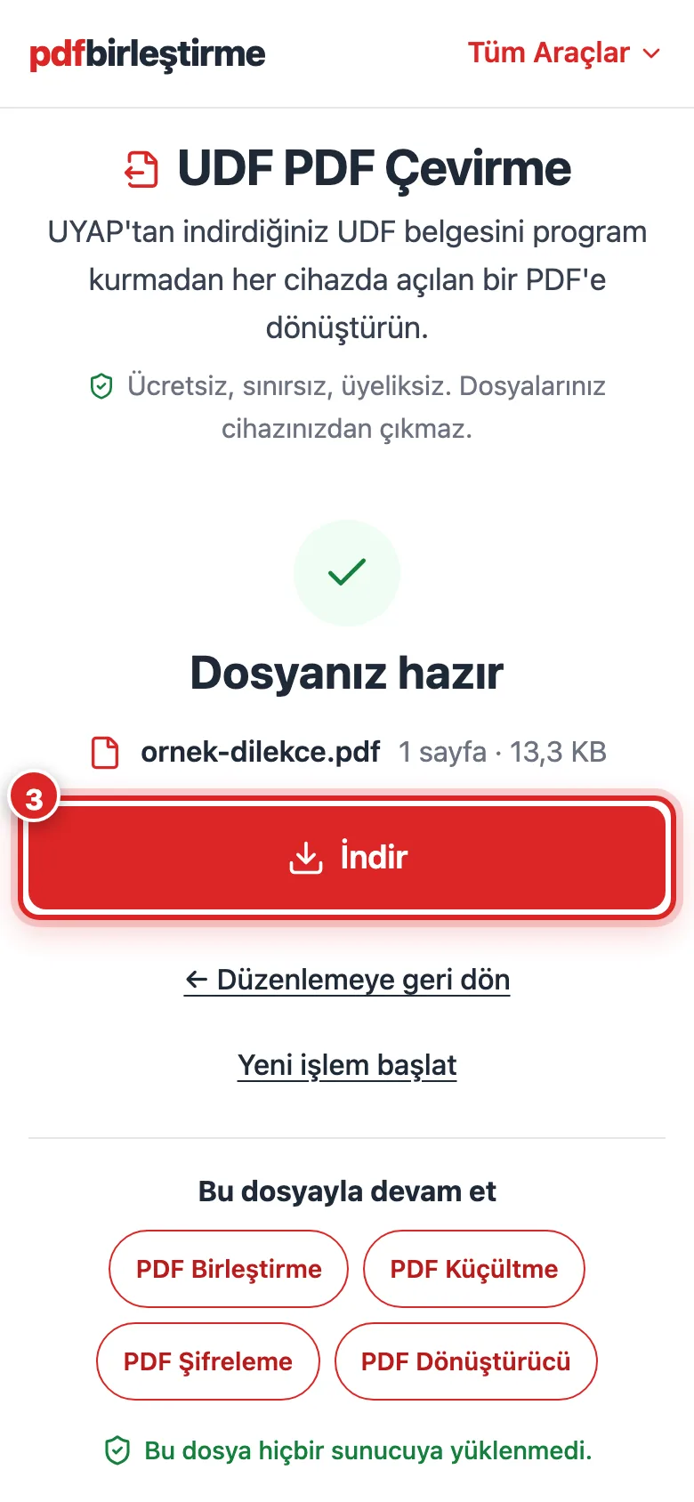 Telefonda UDF PDF Çevirme sonucu, oluşan PDF ve İndir butonu