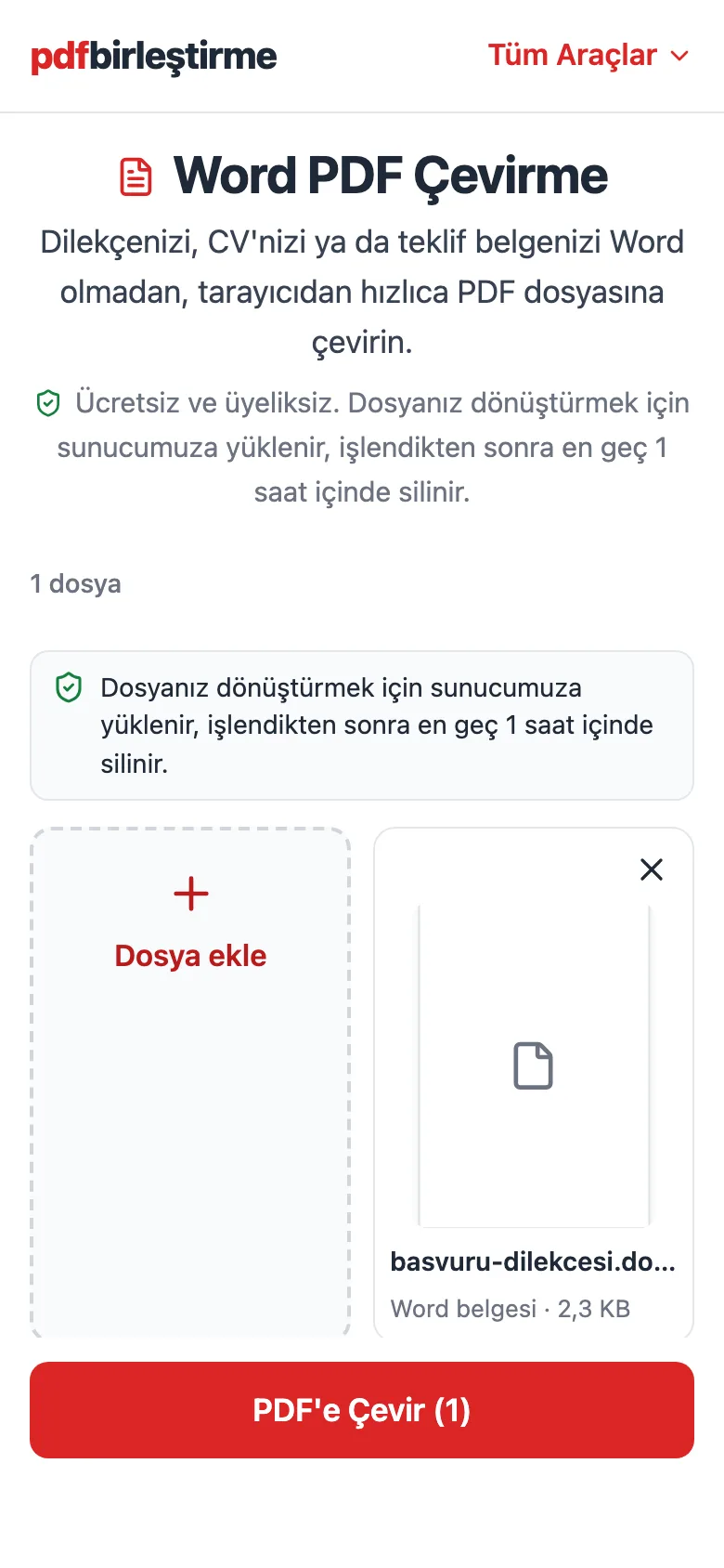 Telefon tarayıcısında Word PDF Çevirme aracına eklenmiş DOCX belgesi ve PDF'e Çevir butonu