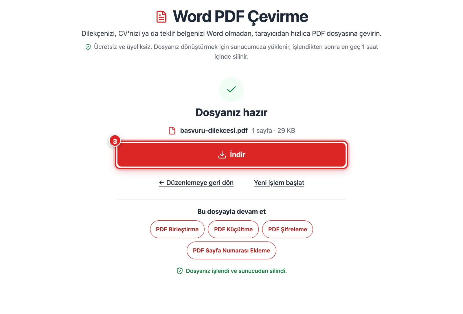 Word PDF Çevirme aracının sonuç ekranında hazır PDF dosyası ve İndir butonu