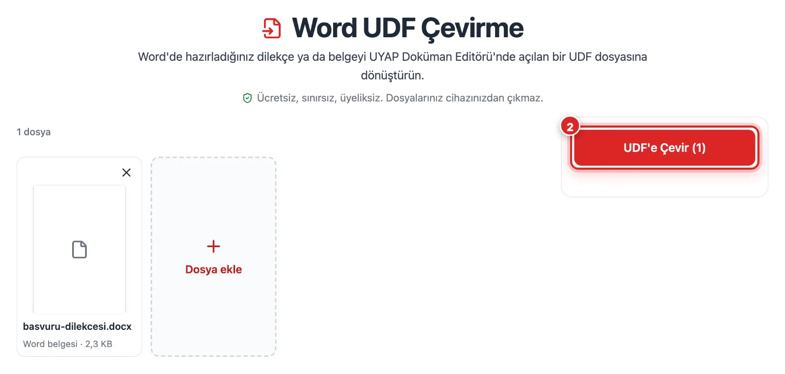 Word UDF Çevirme aracına eklenmiş sentetik dilekçe ve UDF'e Çevir butonu, masaüstü görünümü