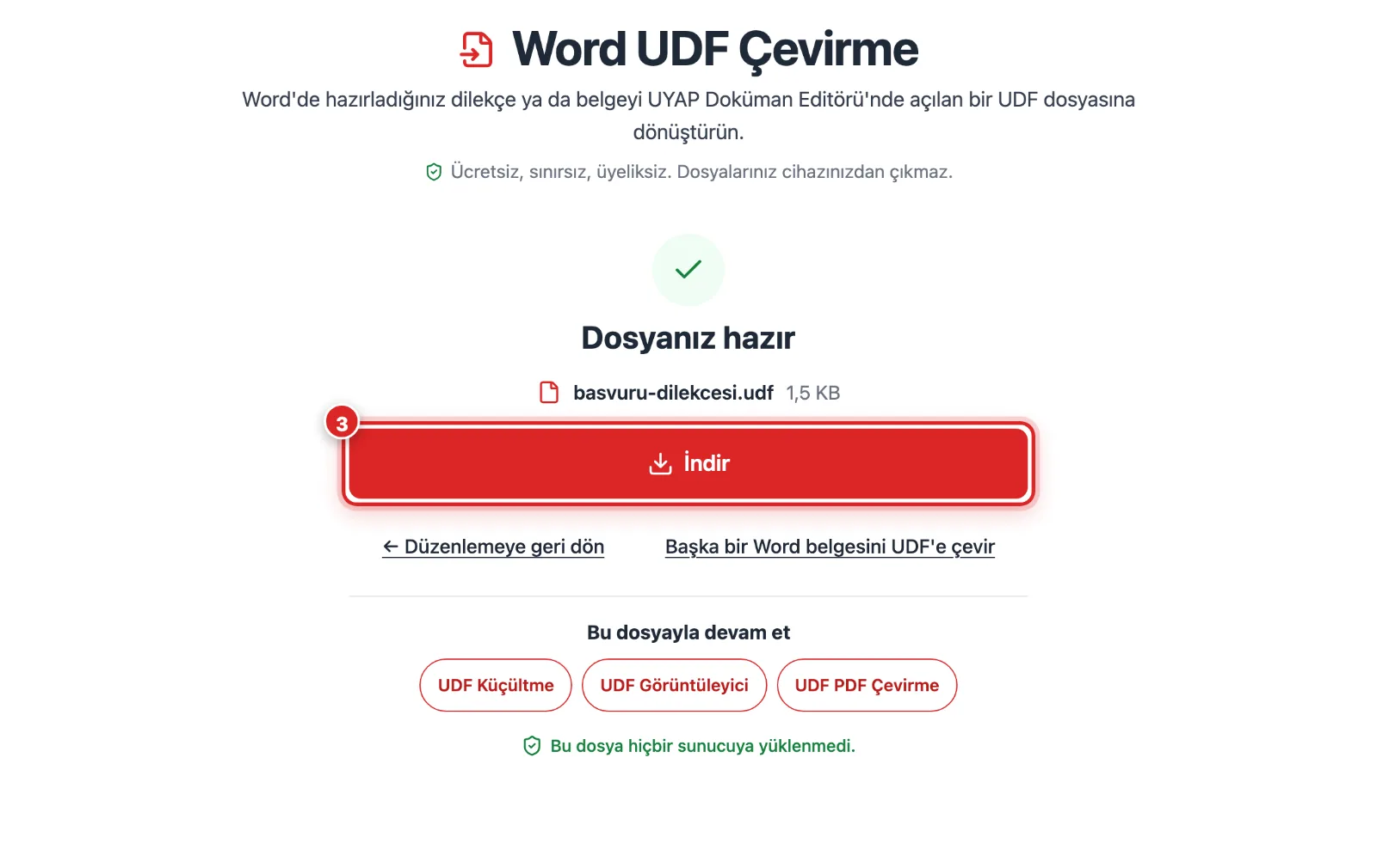 Word belgesinden üretilen UDF'in sonuç ekranı ve İndir butonu